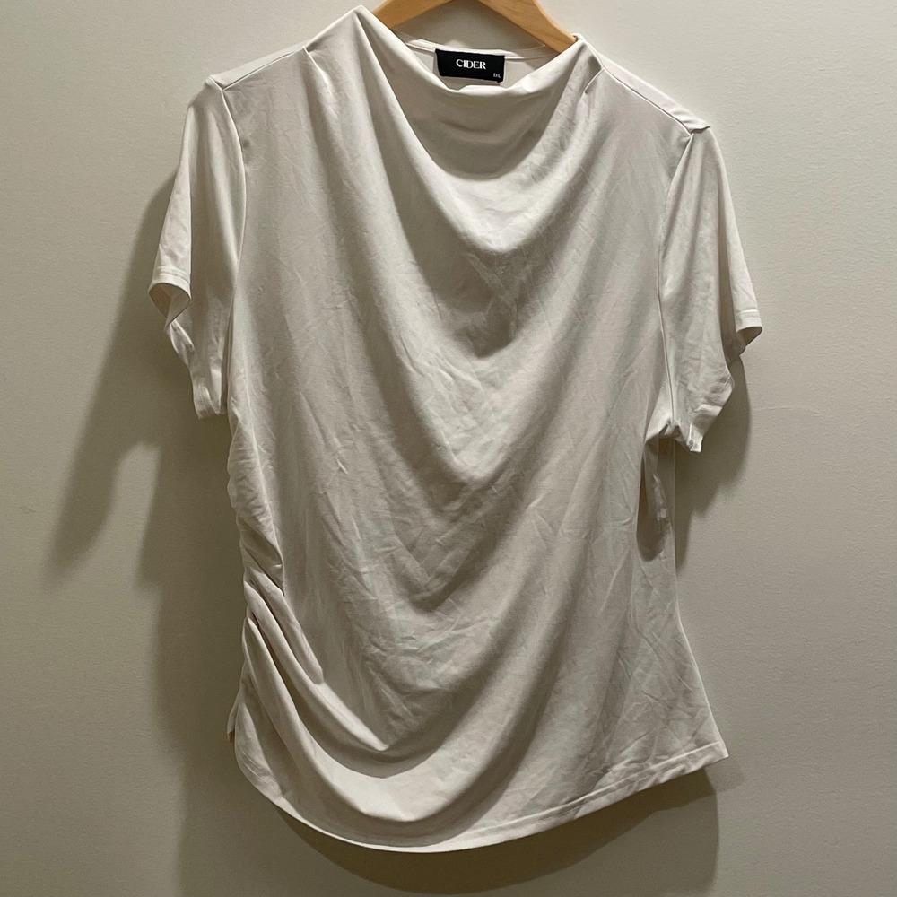 Cider White Cowl‎ Neck Ruched Side Short Sleeve Blouse Top 1XL